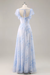 Blaues Chiffon Blumen Brautjungfernkleid mit Rundhalsausschnitt und Rüschen